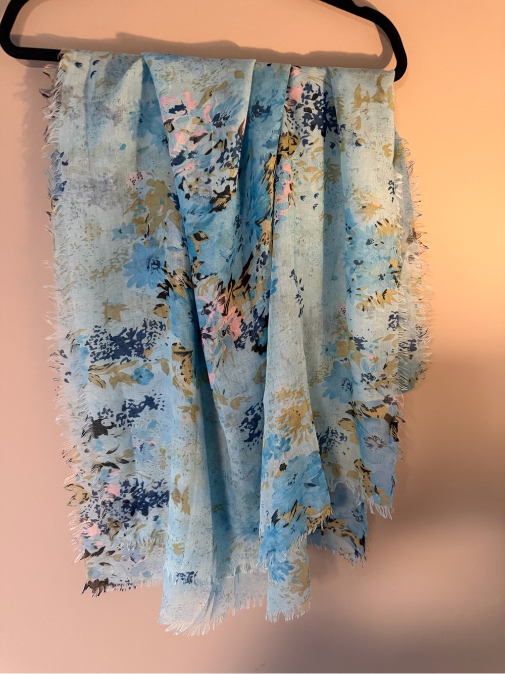 Light Blue Floral Wrap or Scarf. Lightweight. Fringed. New condition.